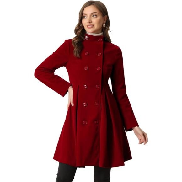 Velvet A-Line Coat for Women Wine Red - Picture 1 of 6